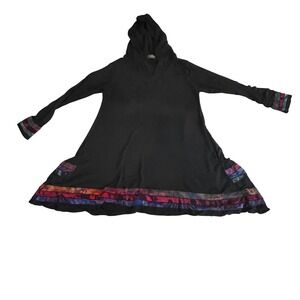 Kathmandu Imports Black Hooded Long Sleeve Dress with Colorful Ribbon Trim